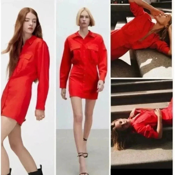 Zara Dresses & Skirts - NWT ZARA SS21 POPLIN SHIRT DRESS RED 7385/331